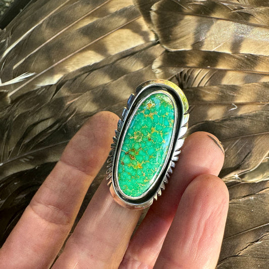 Ring Hand-cut Sterling Silver Shadowbox with Green and Golden Turquoise
