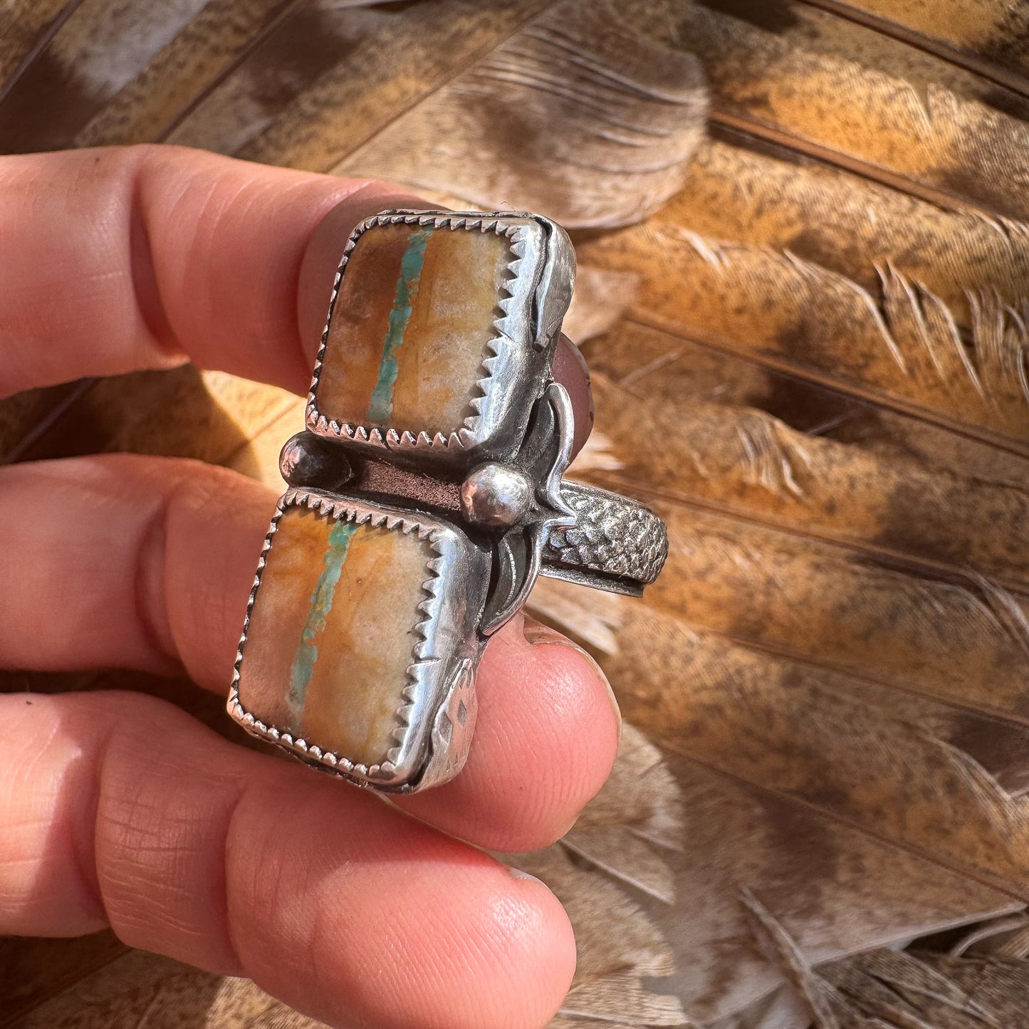 Ring with Double mirrored Royston Ribbon turquoise, silver snakeskin band