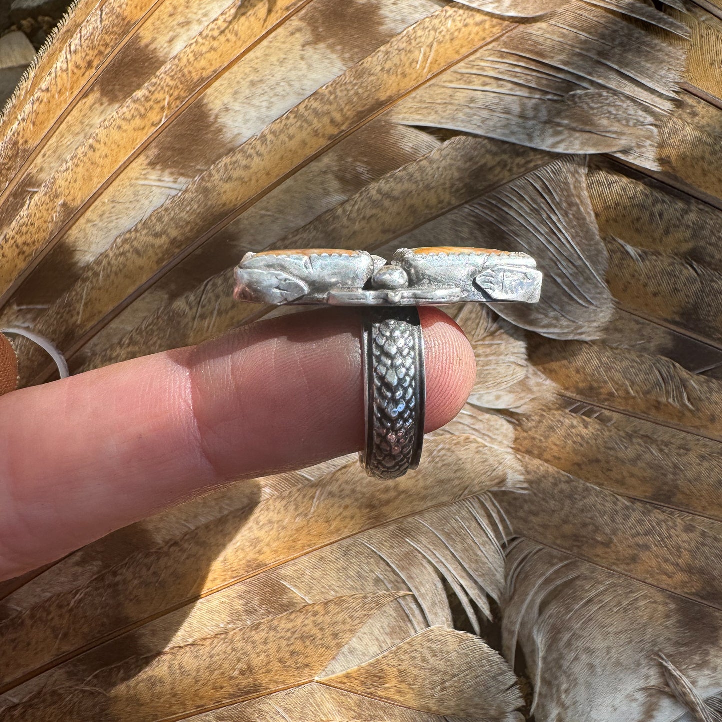 Ring with Double mirrored Royston Ribbon turquoise, silver snakeskin band