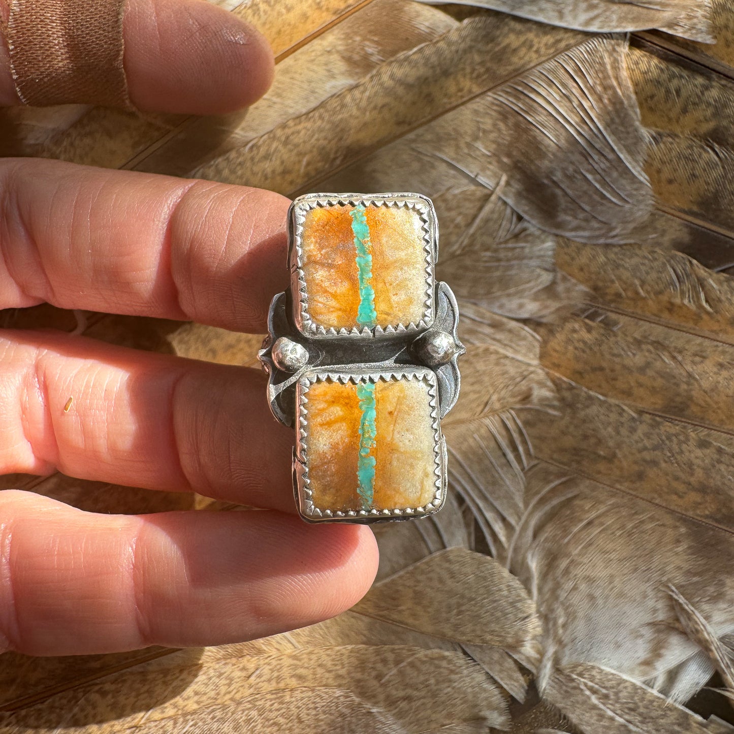 Ring with Double mirrored Royston Ribbon turquoise, silver snakeskin band