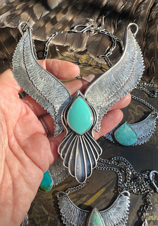 Bird - Spirit Bird Wings Necklace Sterling Silver with Sleeping Beauty Turquoise