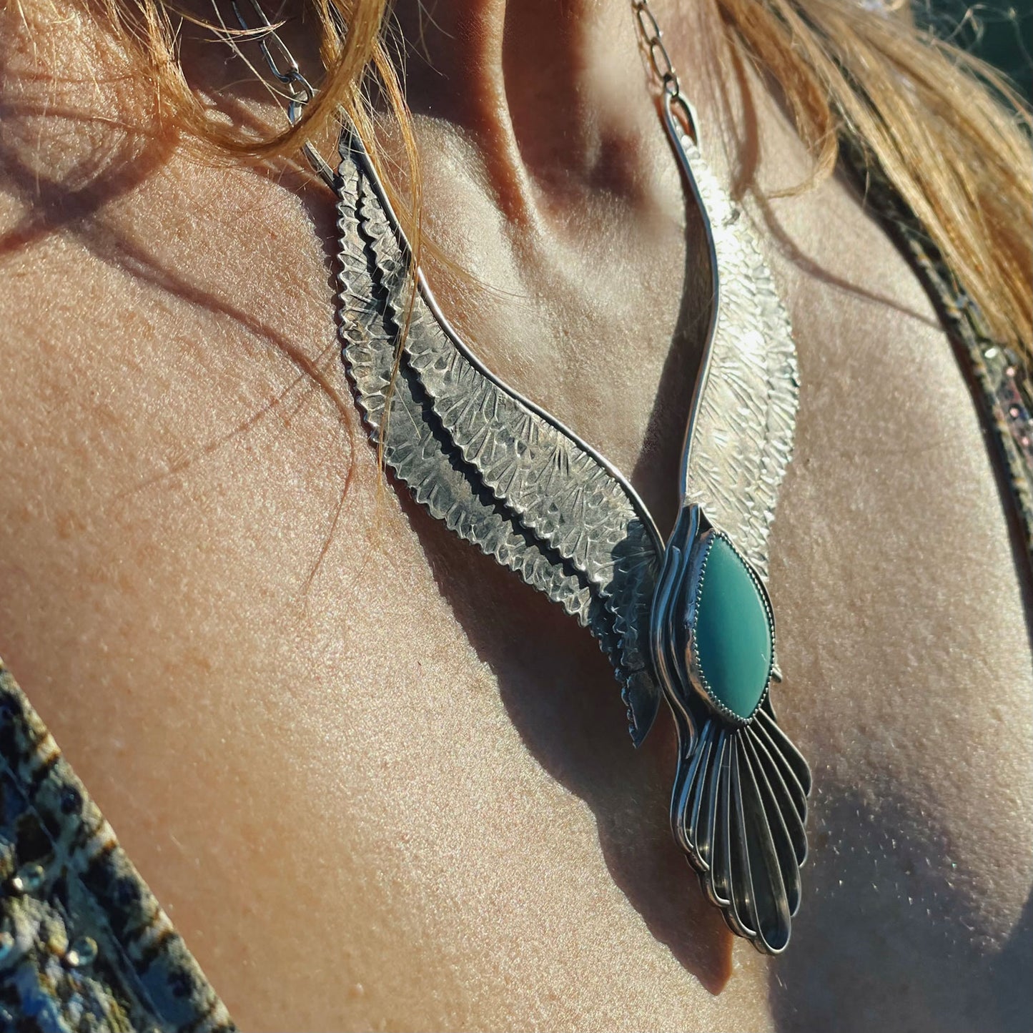Bird - Spirit Bird Wings Necklace Sterling Silver with Sleeping Beauty Turquoise