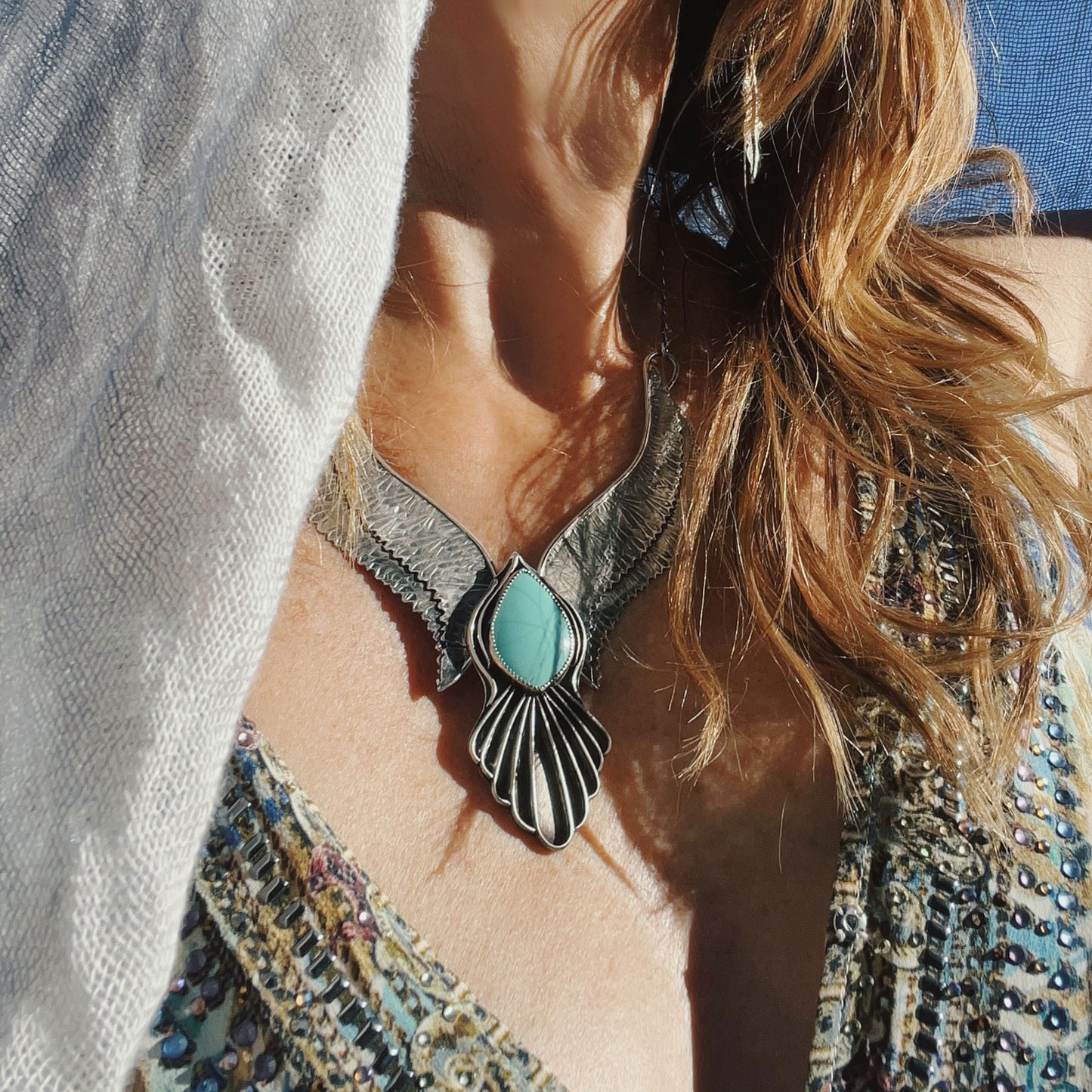 Bird - Spirit Bird Wings Necklace Sterling Silver with Sleeping Beauty Turquoise