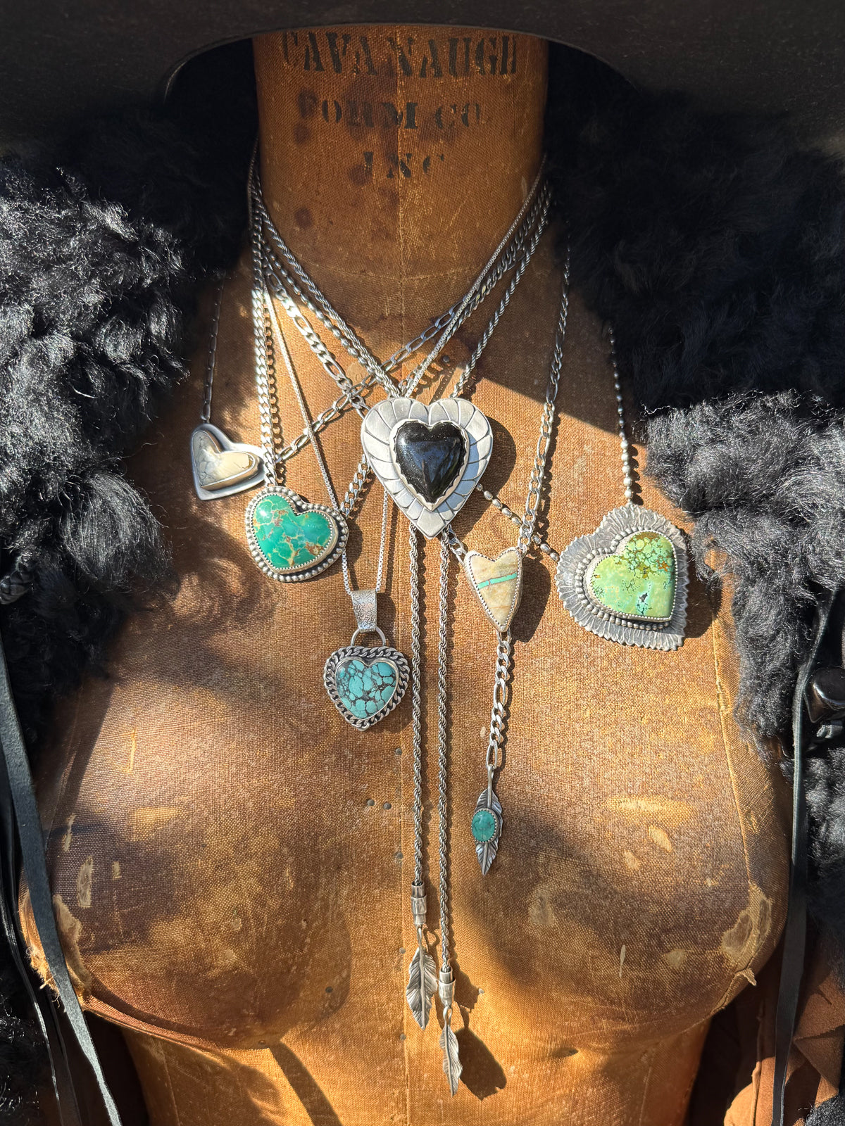 Heart Lariat Necklace with Royston Ribbon Turquoise and Feather