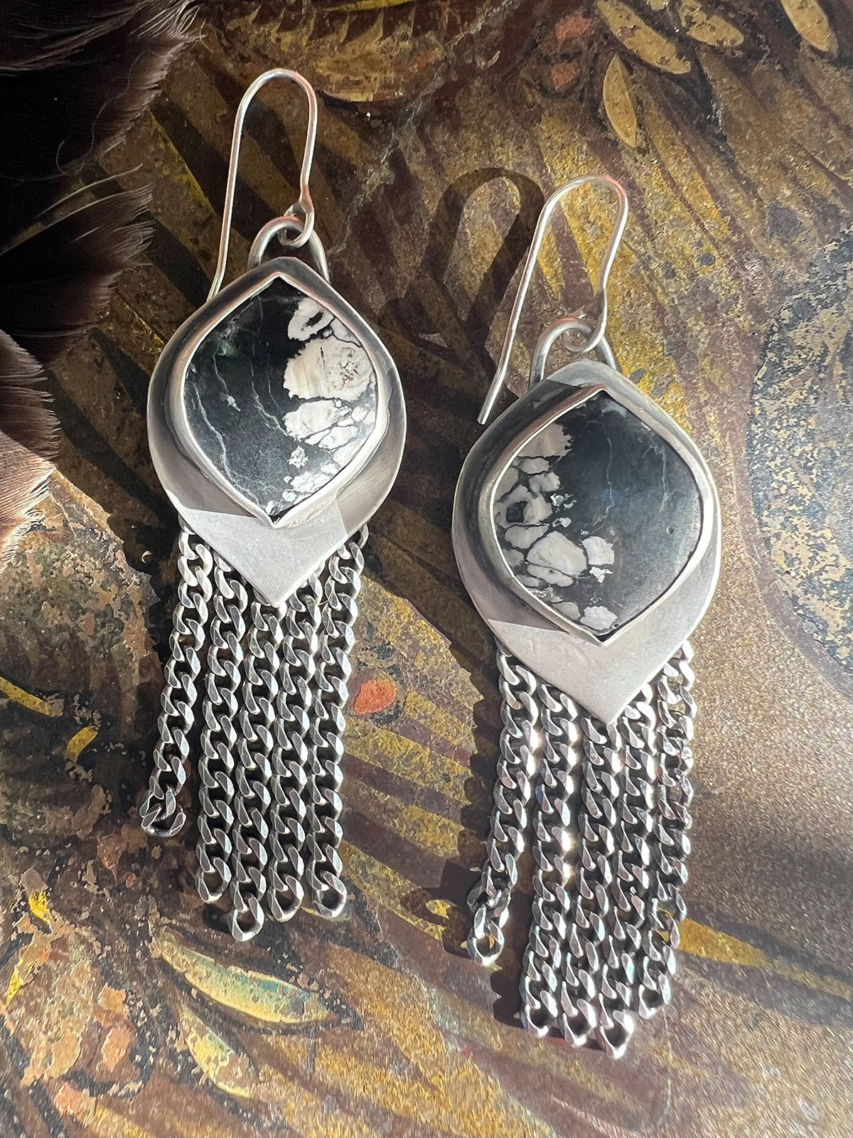 Available! White Buffalo Marquis Sterling Silver Earrings with Sterling Curb Chain Fringe