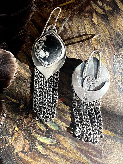 Available! White Buffalo Marquis Sterling Silver Earrings with Sterling Curb Chain Fringe