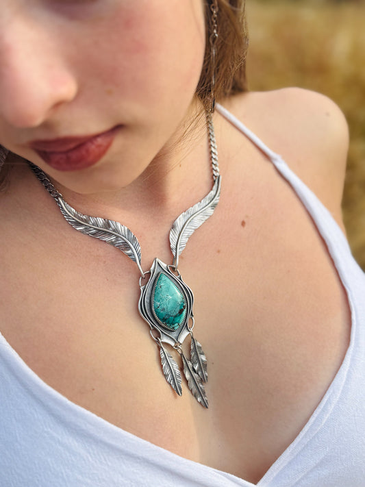 Available! Feathered Turquoise Marquis Drop Statement Necklace