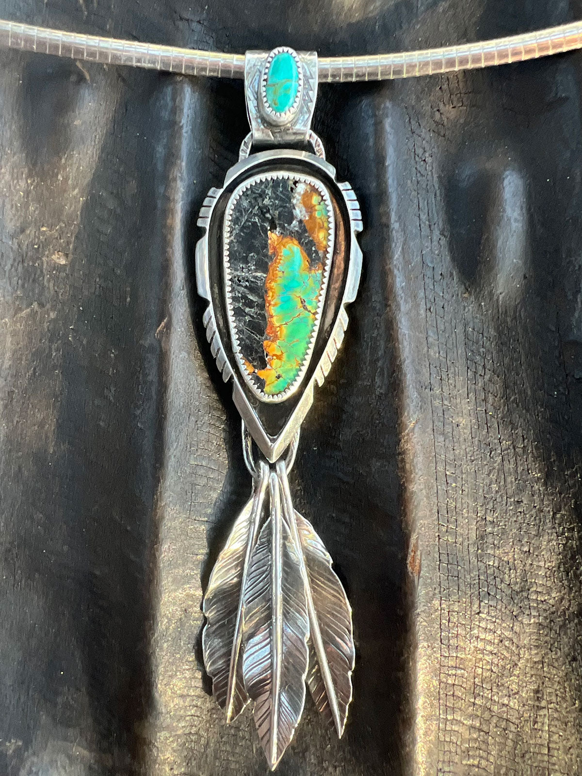 Blackjack Turquoise 3 Feathers Arrow Pendant Fire and Ice