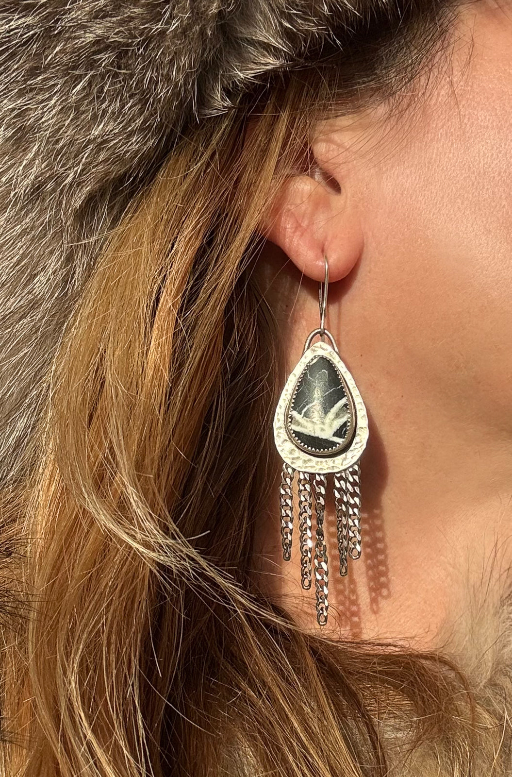 Available! White Buffalo Teardrop Sterling Silver Earrings with Sterling Silver Curb Fringe