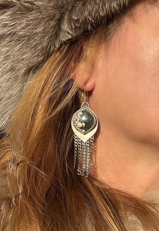 Available! White Buffalo Marquis Sterling Silver Earrings with Sterling Curb Chain Fringe