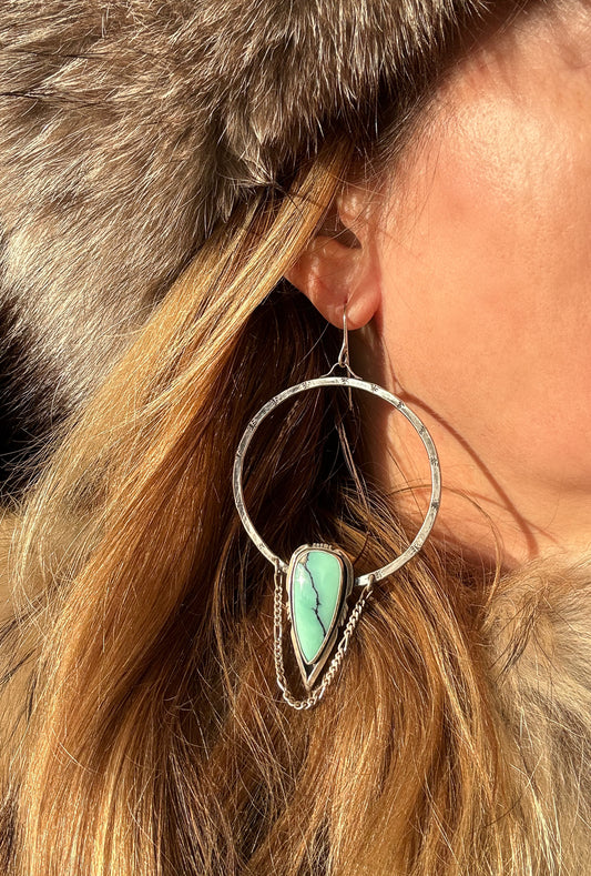 Desert Bloom Variscite Sterling Silver Hoop Arrow Earrings with Chain