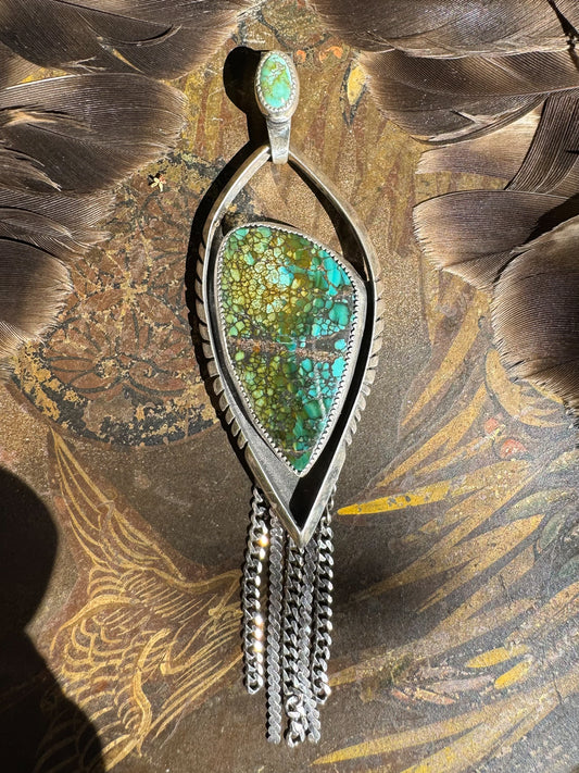 Available! Polychrome Hubei Turquoise Sterling Silver Arrow Pendant with Chain Fringe