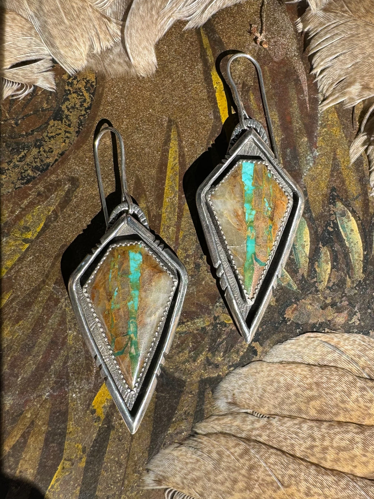 Available! Royston Ribbon Turquoise Arrow Earrings with Hand-cut Shadowbox