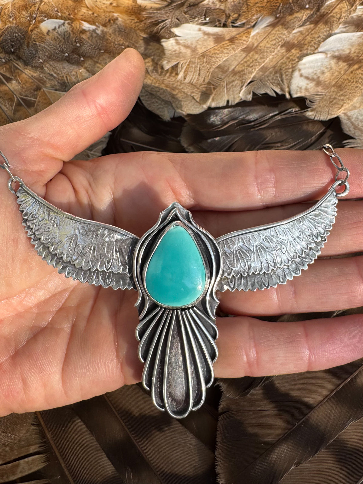 Available! Spirit Bird Sterling Silver Wings Necklace with Blue Pilot Mountain Turquoise