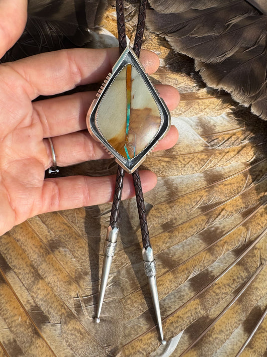 Available! Sterling Silver Pilot Mountain Rainbow Ribbon Turquoise Bolo Tie