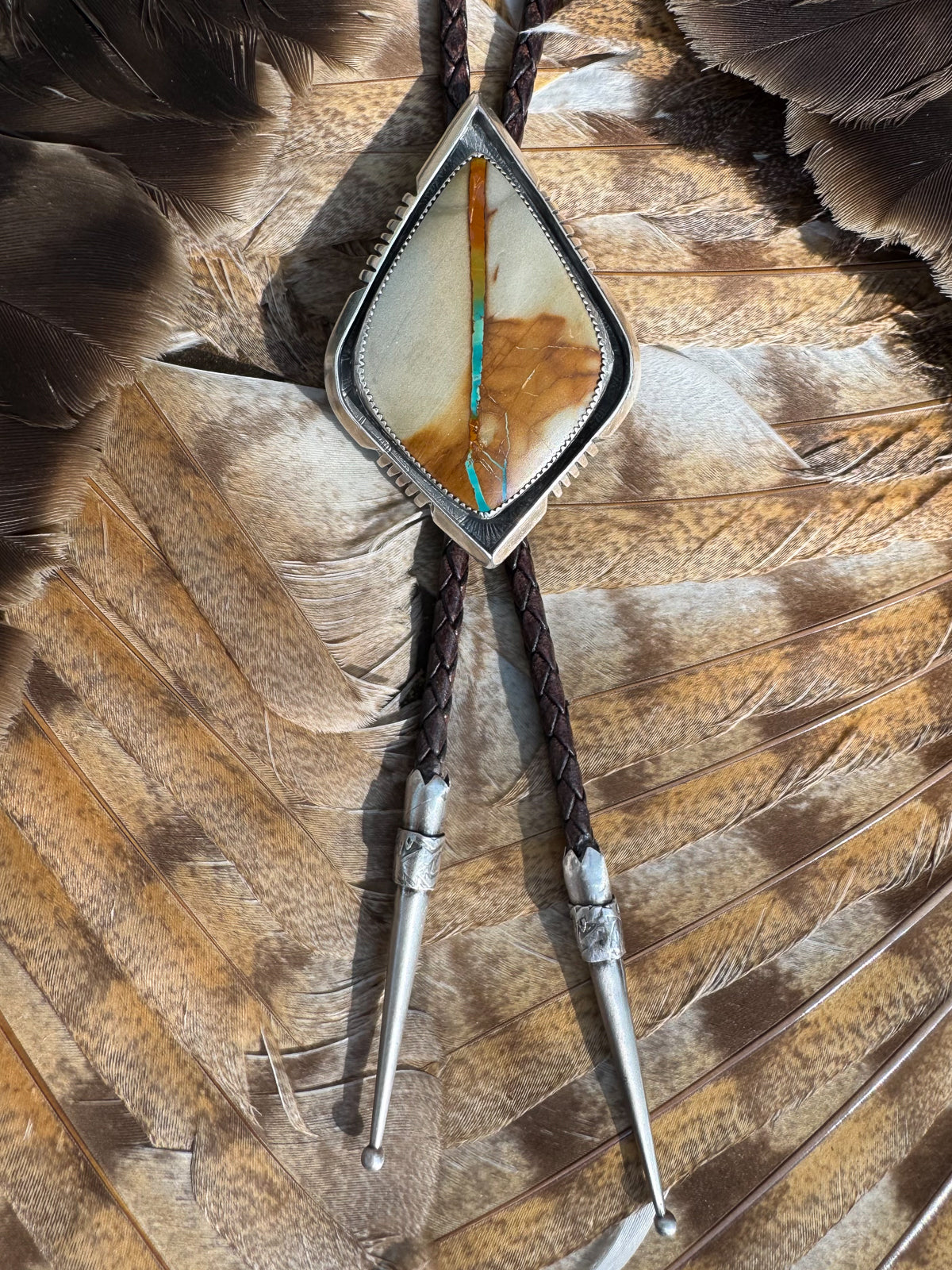 Available! Sterling Silver Pilot Mountain Rainbow Ribbon Turquoise Bolo Tie