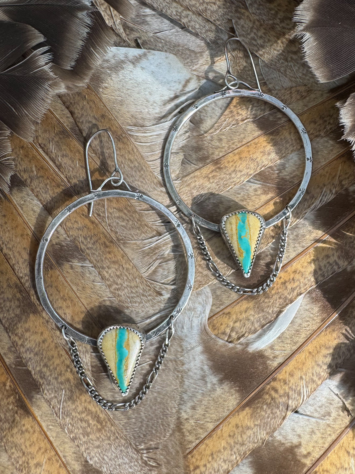 Available! Sterling Silver Chained Hoop Earrings with Royston Ribbon Turquoise