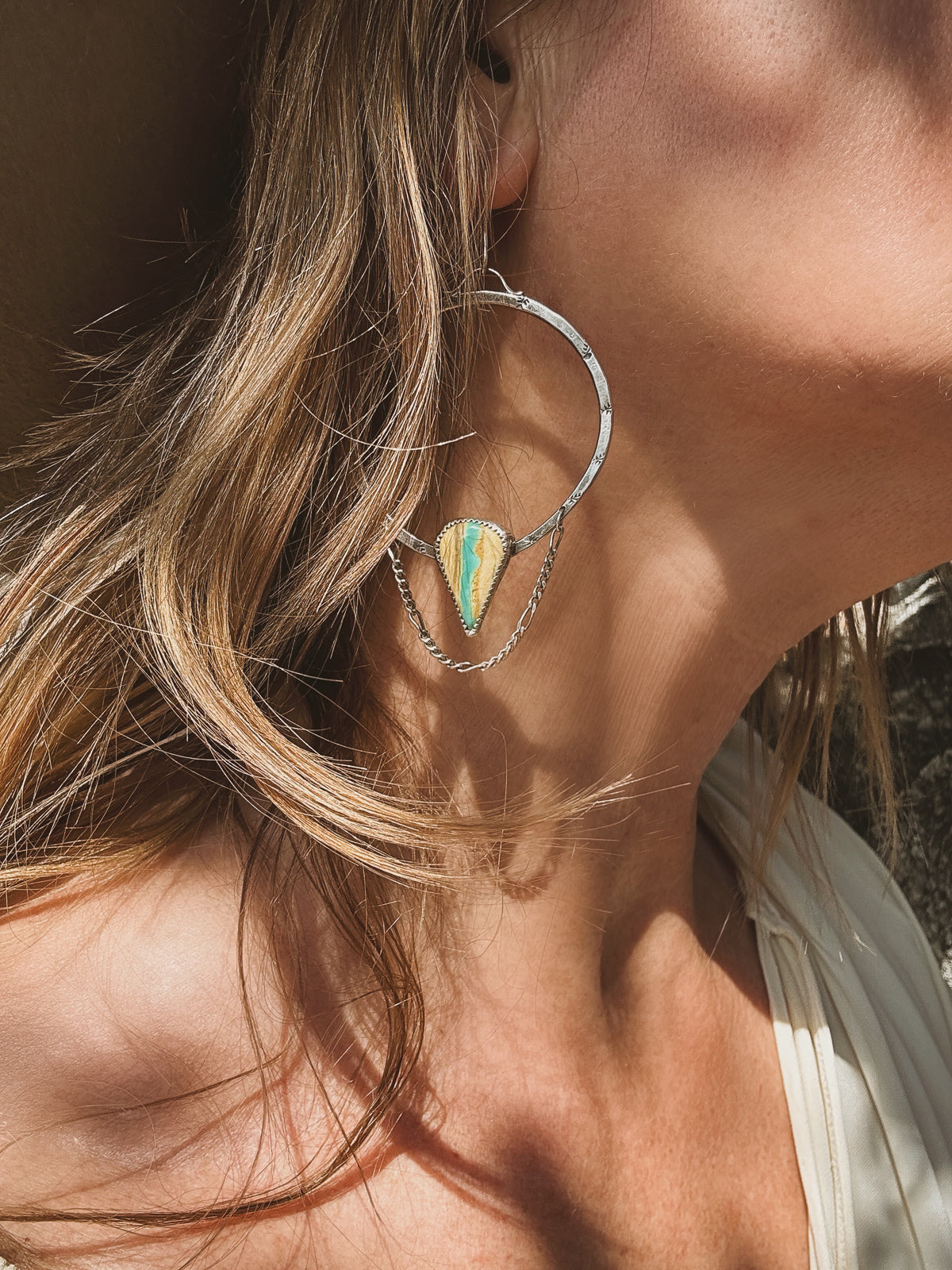 Available! Sterling Silver Chained Hoop Earrings with Royston Ribbon Turquoise