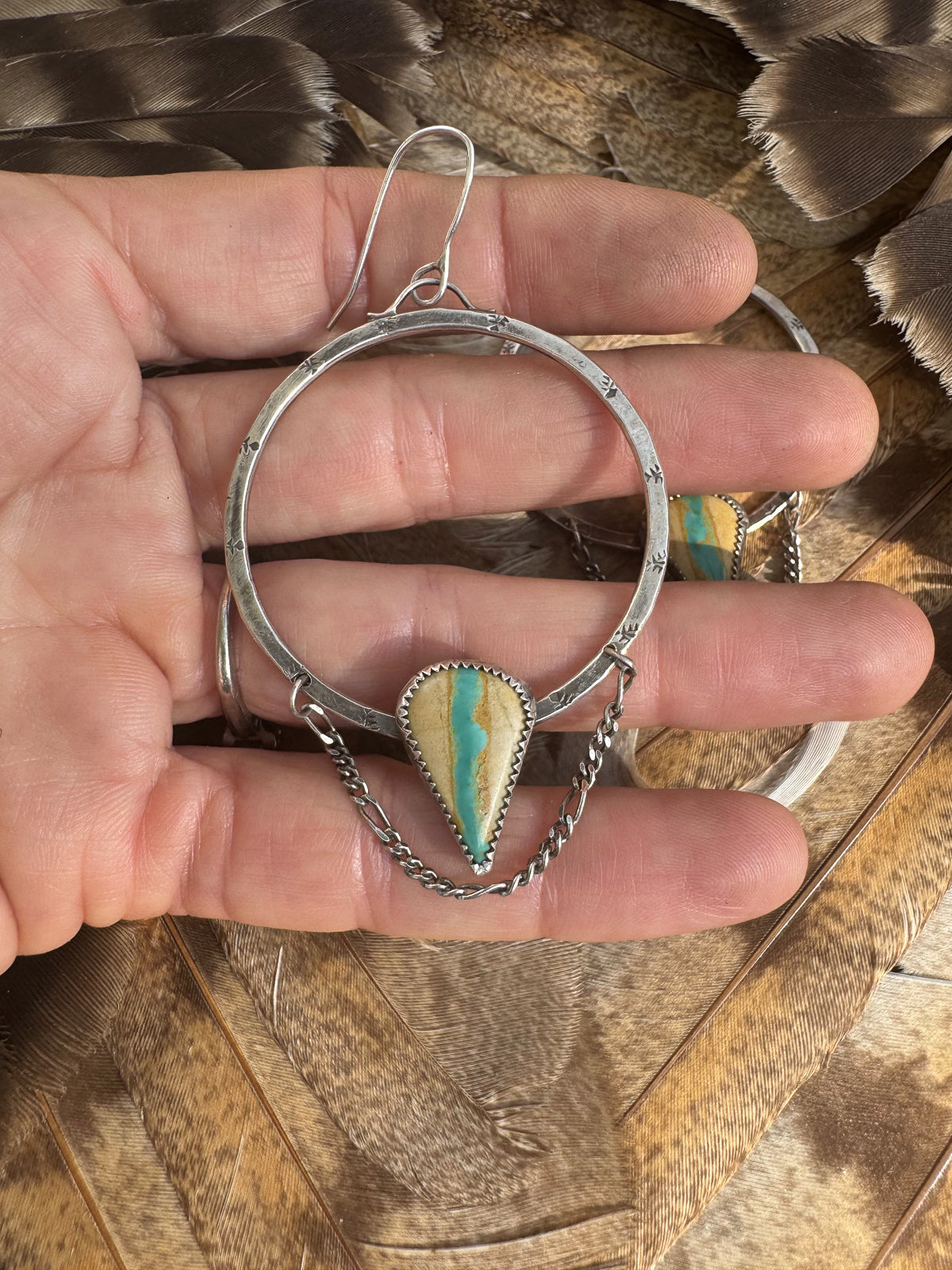 Available! Sterling Silver Chained Hoop Earrings with Royston Ribbon Turquoise