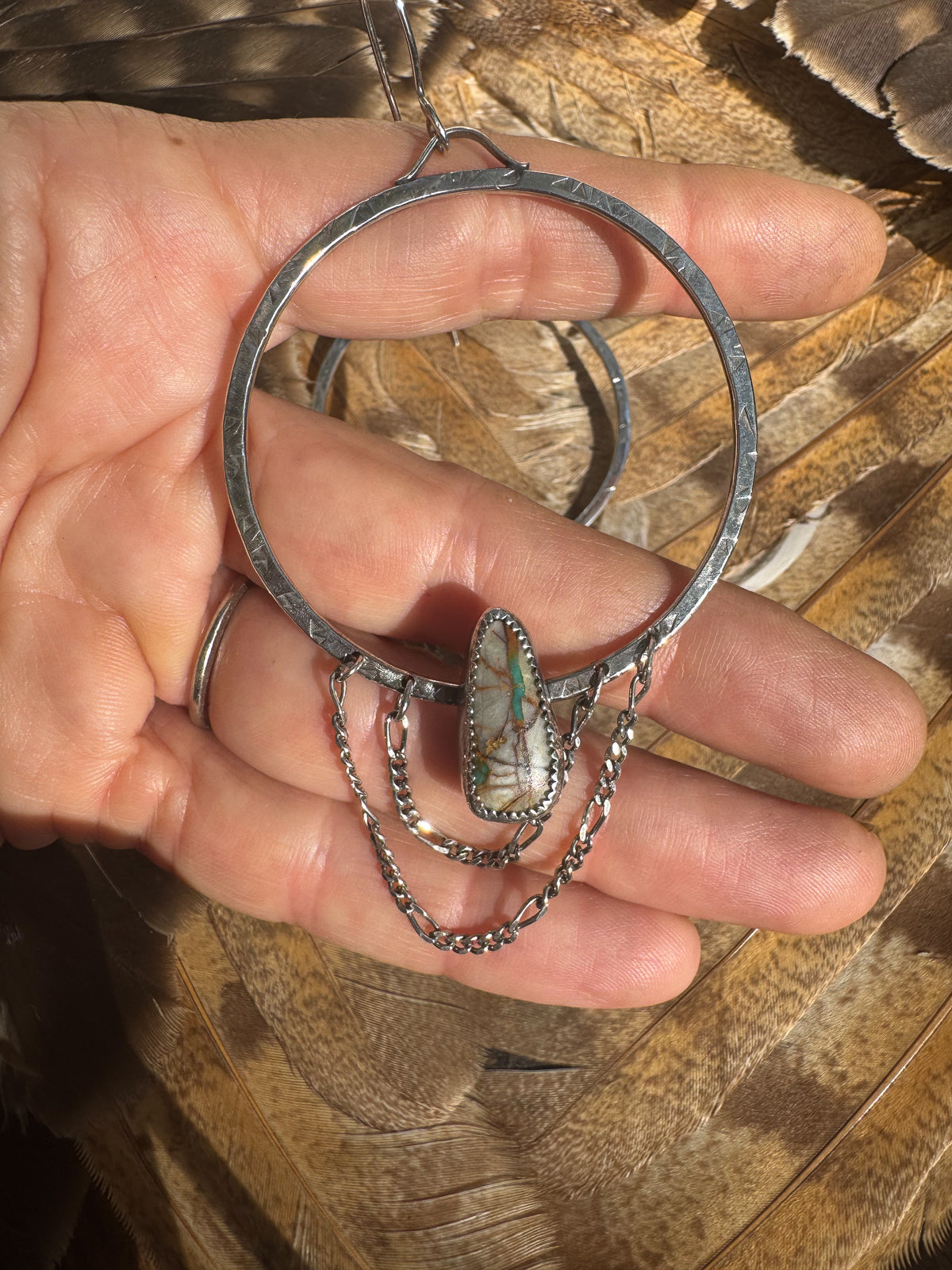 Available! Sterling Silver Chained Hoop Earrings with Royston Ribbon Turquoise