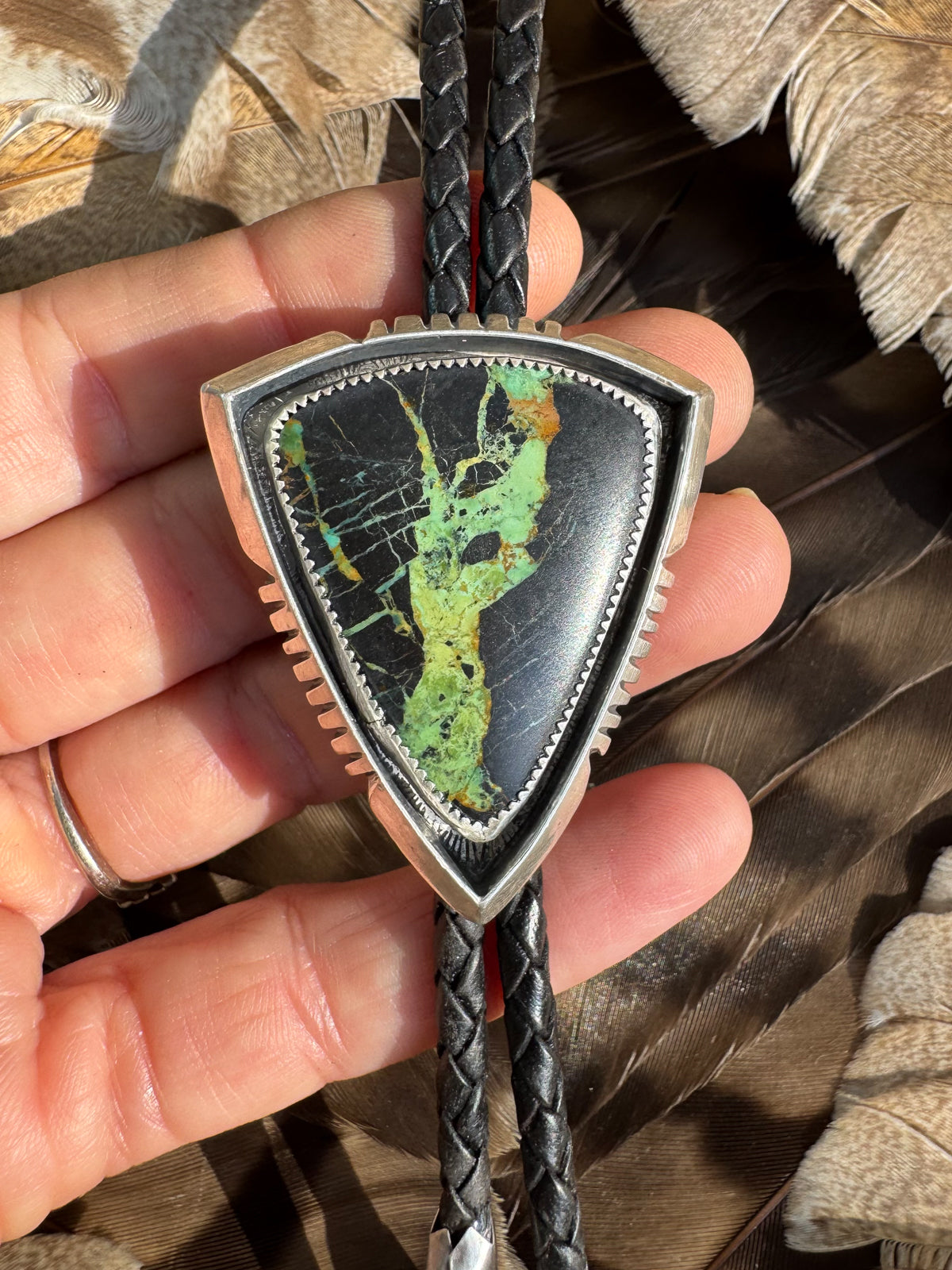 Available! Blackjack Turquoise Bolo Tie Sterling Silver Hand-cut Arrow Frame