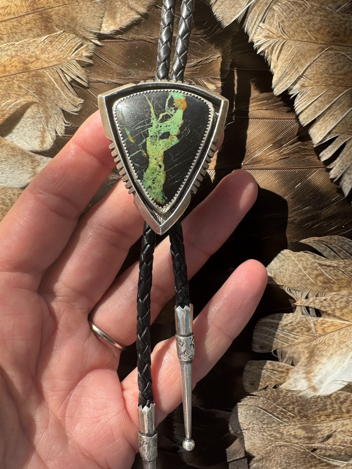 Available! Blackjack Turquoise Bolo Tie Sterling Silver Hand-cut Arrow Frame
