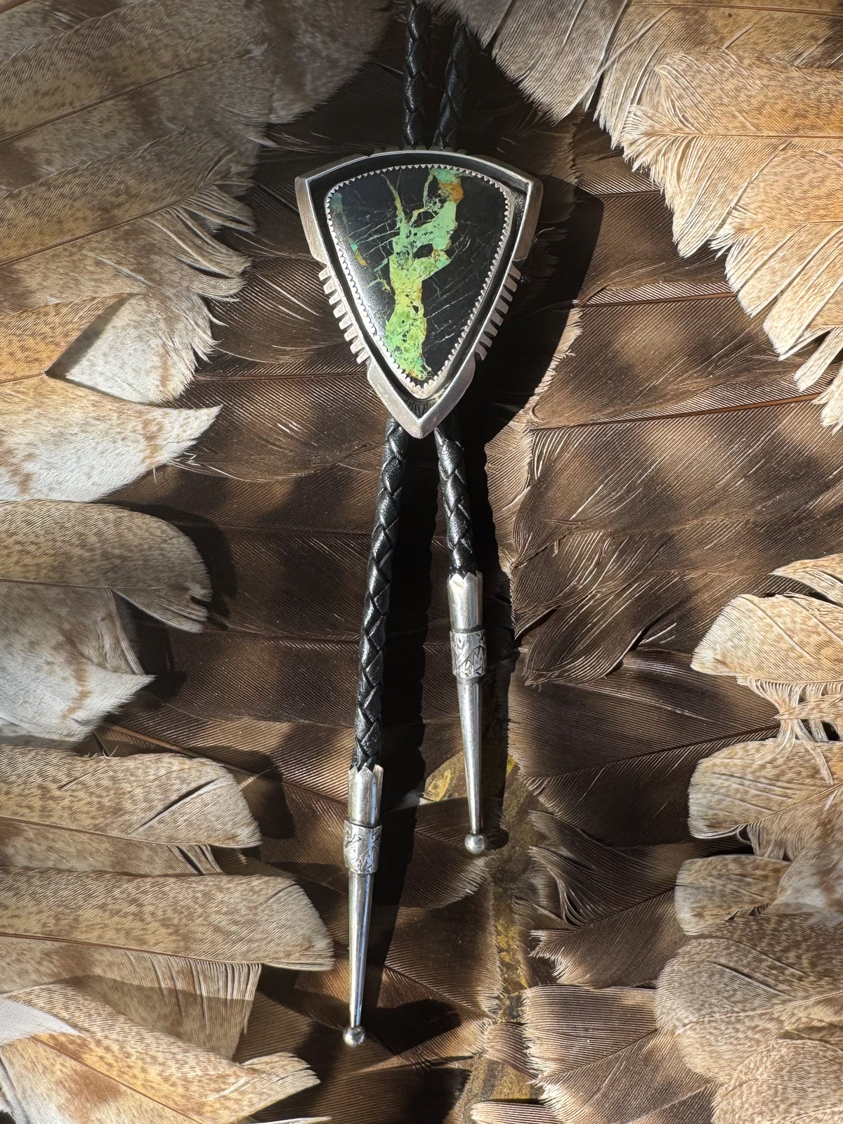 Available! Blackjack Turquoise Bolo Tie Sterling Silver Hand-cut Arrow Frame