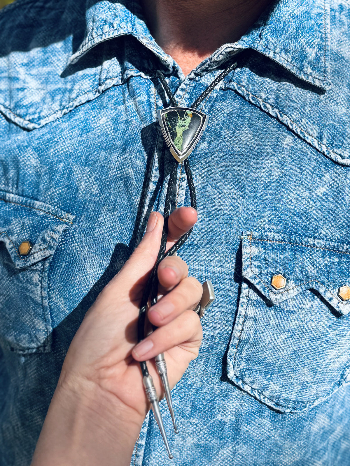 Available! Blackjack Turquoise Bolo Tie Sterling Silver Hand-cut Arrow Frame