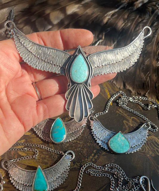 Small Bird Necklace Sterling Silver and Number 8 Turquoise