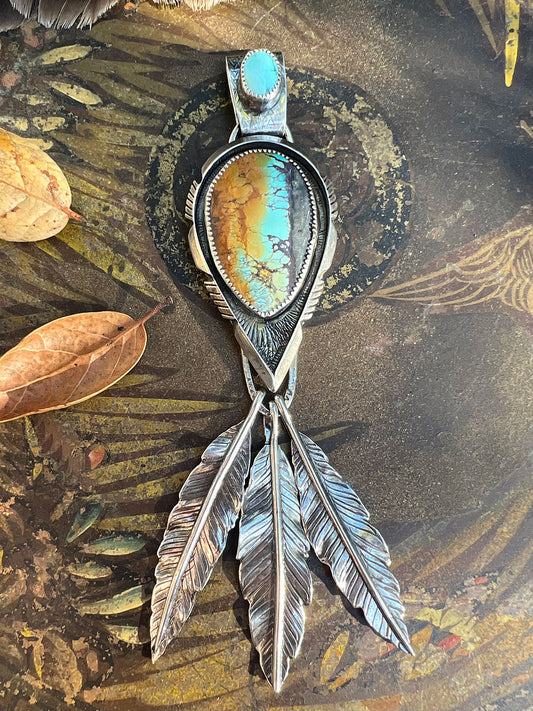 Blackjack Sunset Turquoise Three Feathers Cut Arrow Pendant