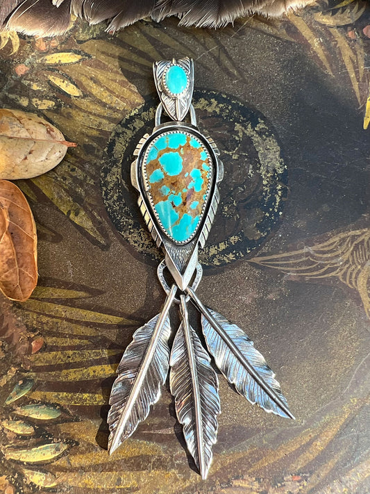 Kingman Gold Turquoise Three Feathers Cut Arrow Pendant