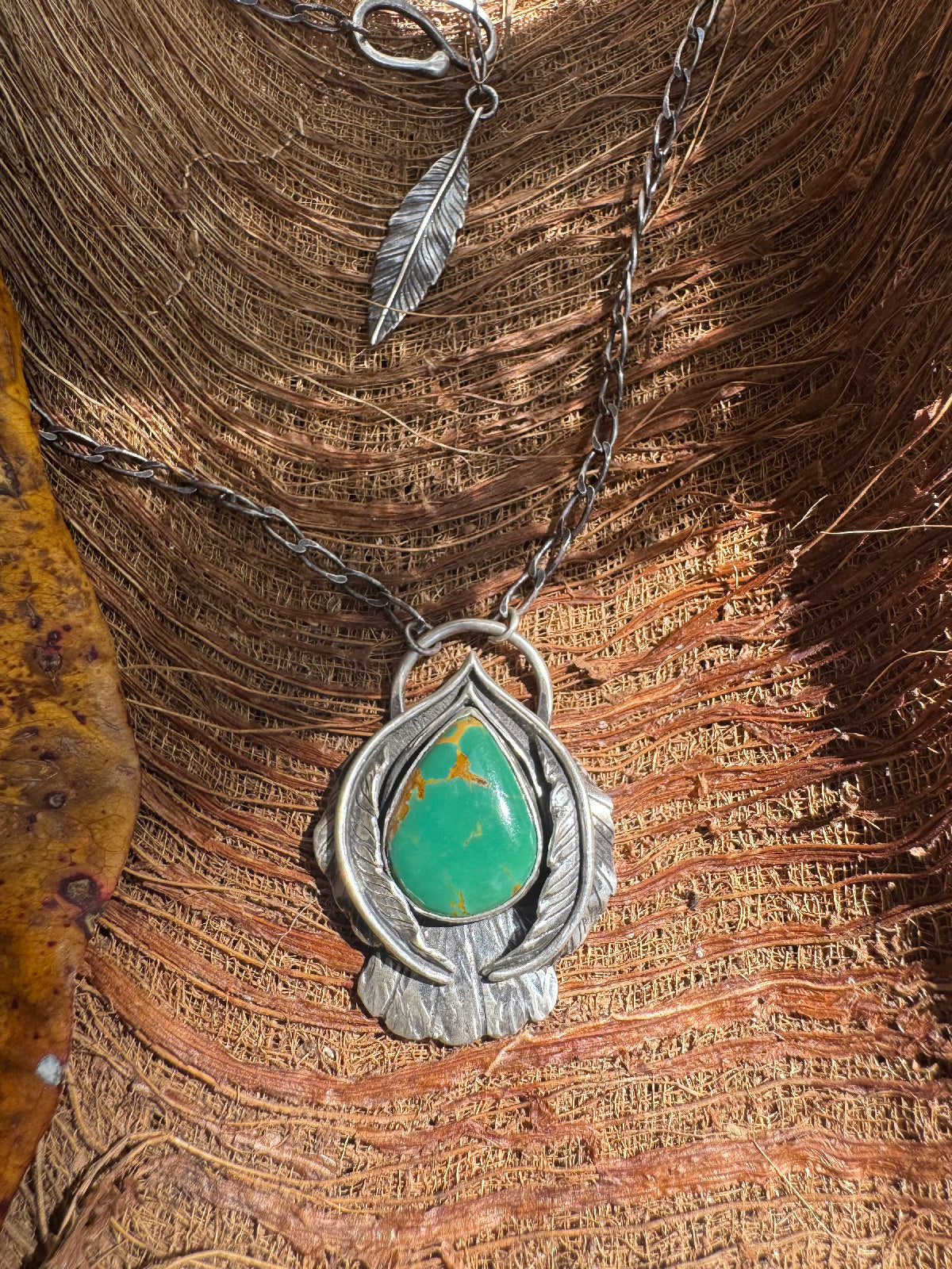Available! Little Bird Necklace Hand-forged Sterling Silver Green Kingman Turquoise Summer