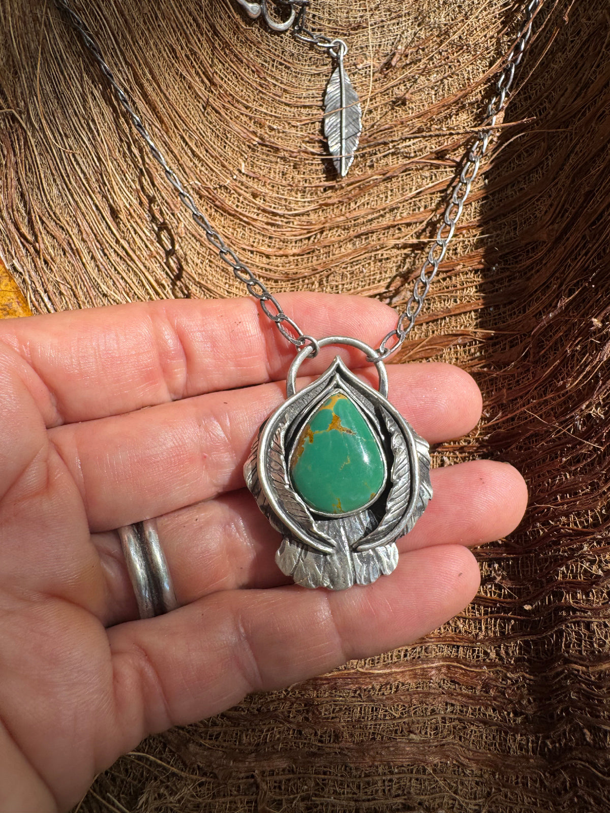 Available! Little Bird Necklace Hand-forged Sterling Silver Green Kingman Turquoise Summer