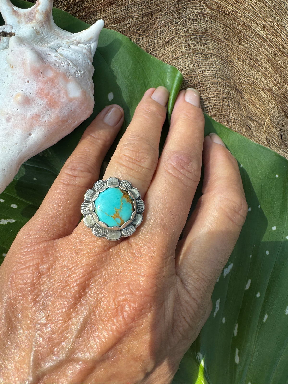 Available! Little Bloom Ring Sterling Silver with Blue Kingman Turquoise Summer 6