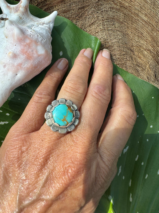 Available! Little Bloom Ring Sterling Silver with Blue Kingman Turquoise Summer 6