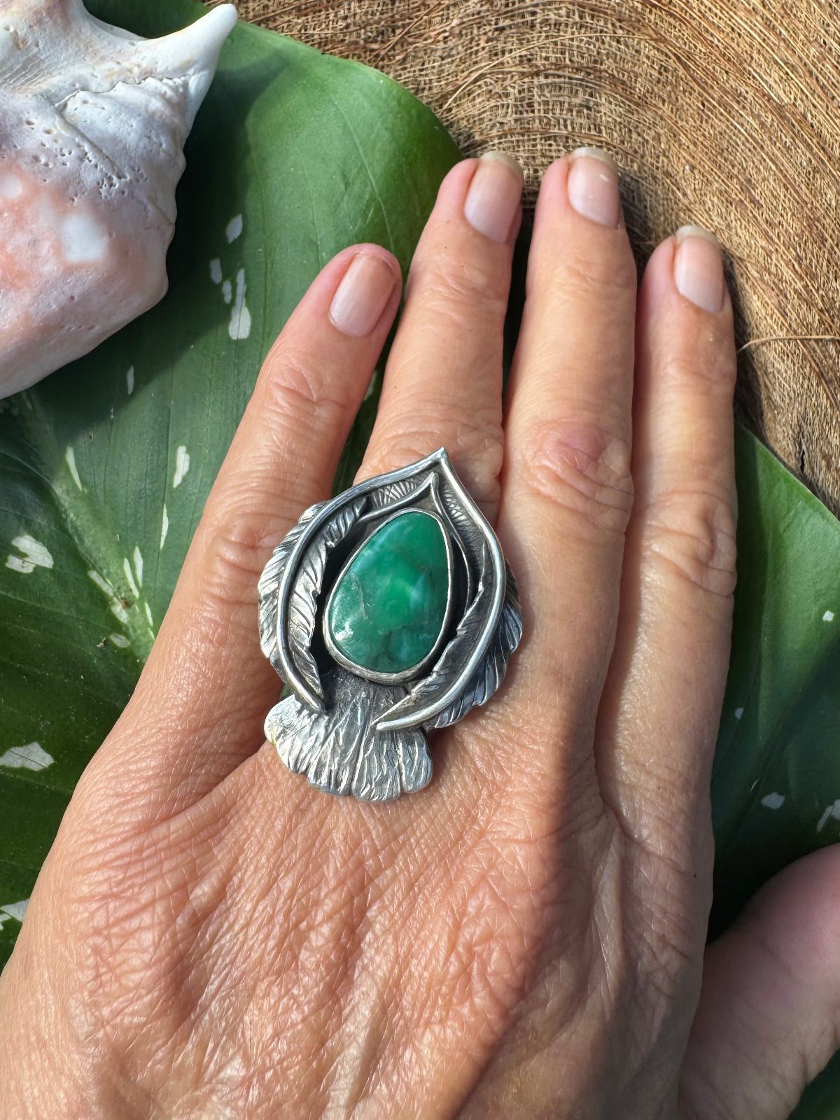 Available! Little Bird Ring Hand-forged Silver with Green Variscite Summer 7 1/2