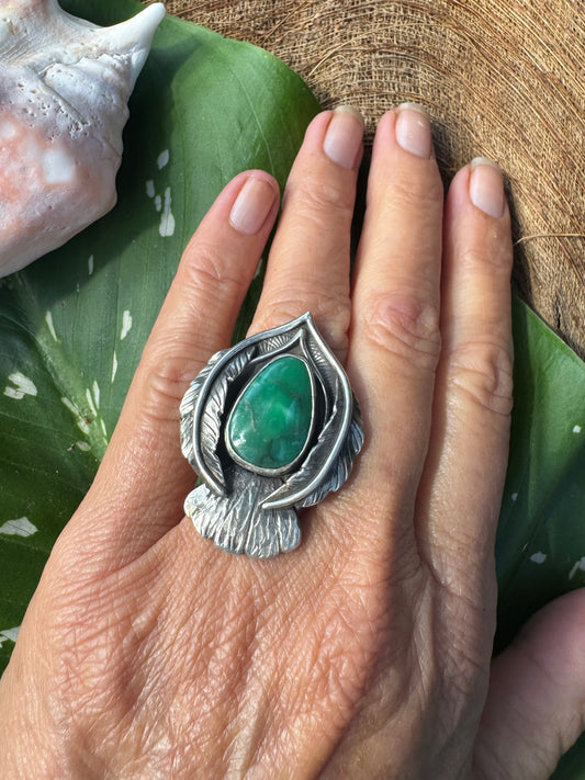Available! Little Bird Ring Hand-forged Silver with Green Variscite Summer 7 1/2