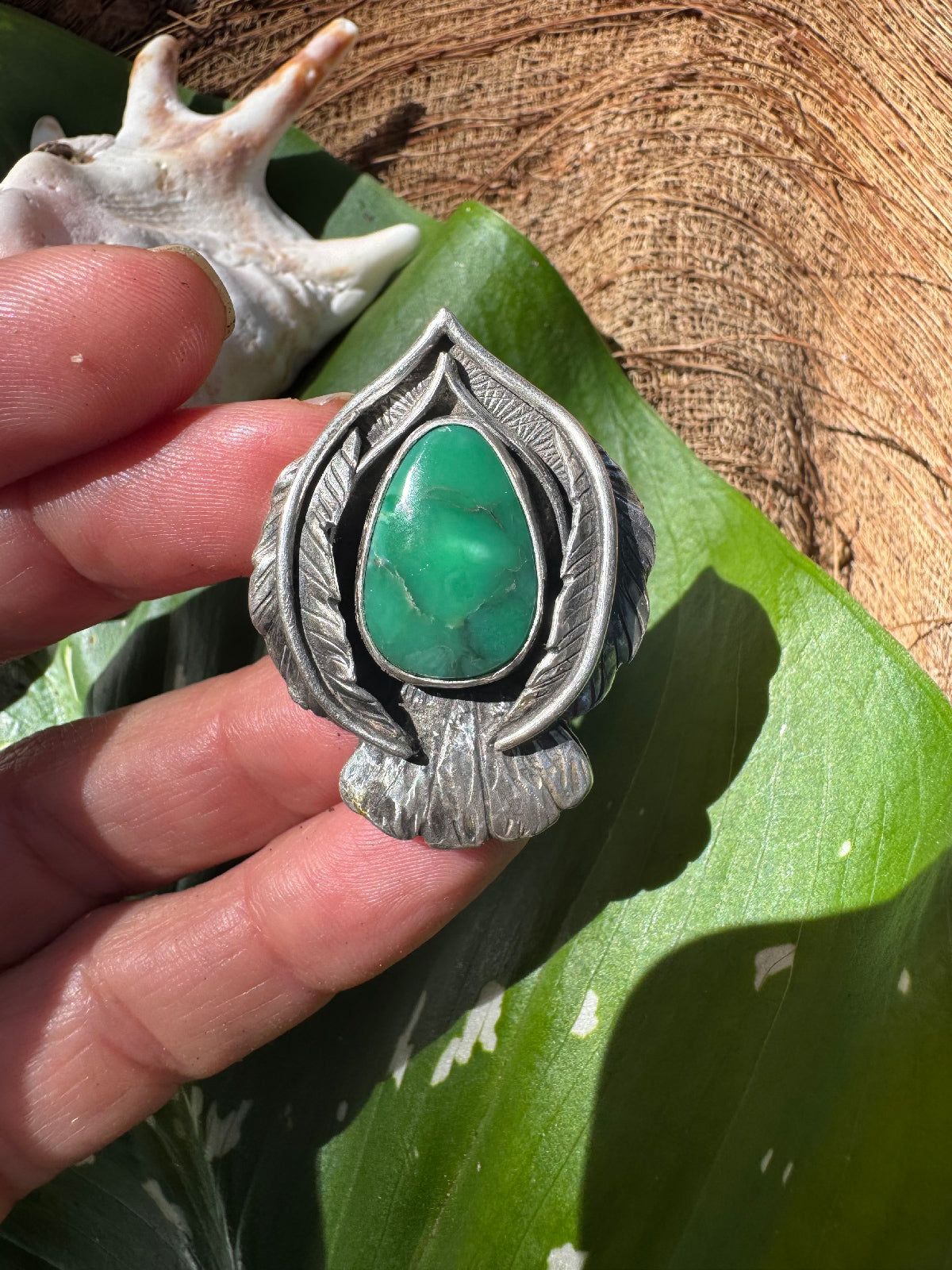 Available! Little Bird Ring Hand-forged Silver with Green Variscite Summer 7 1/2