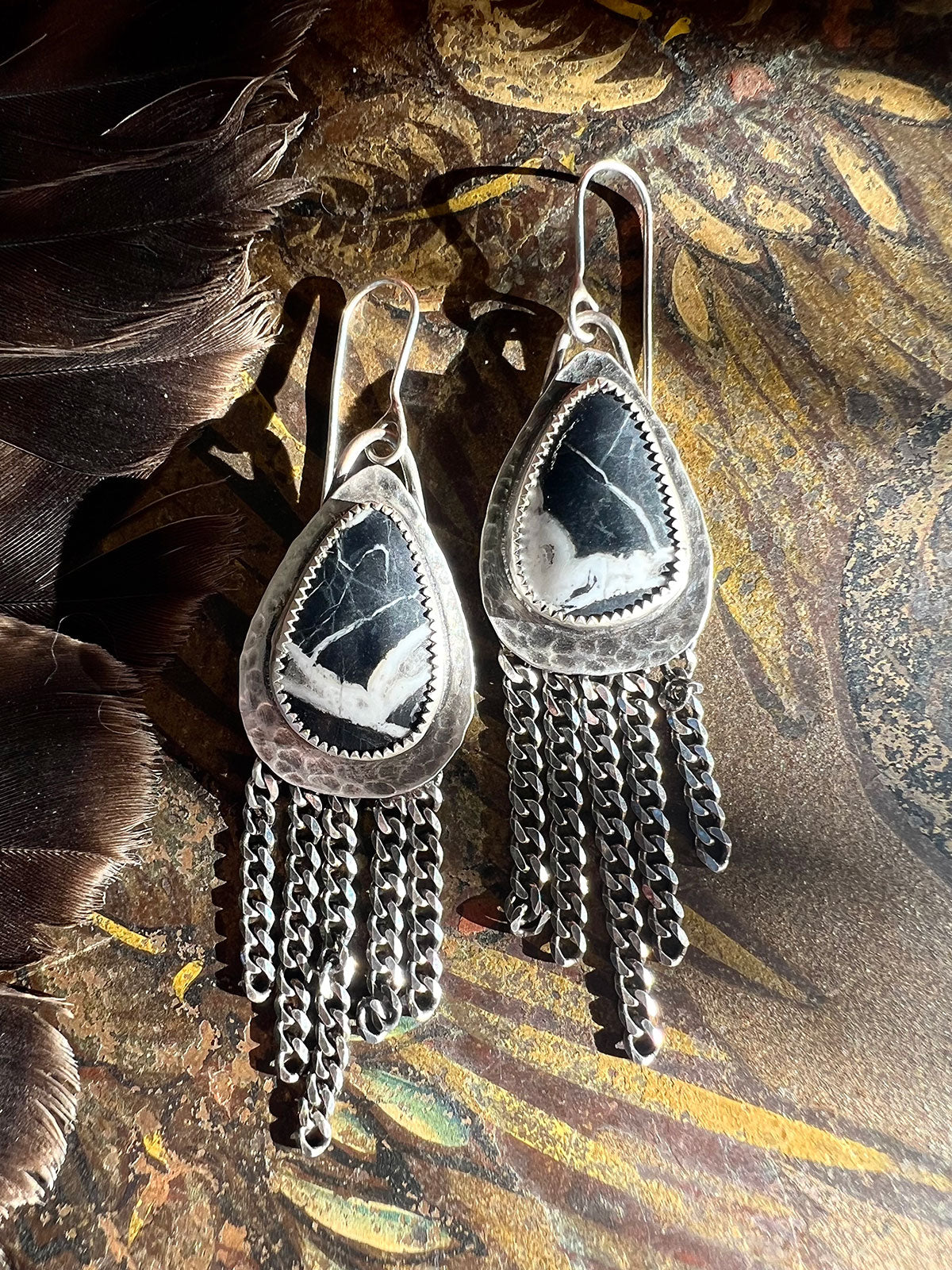 Available! White Buffalo Teardrop Sterling Silver Earrings with Sterling Silver Curb Fringe