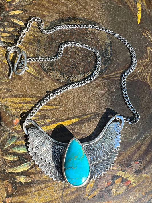 Goddess Isis Winged Necklace with Kingman Turquoise